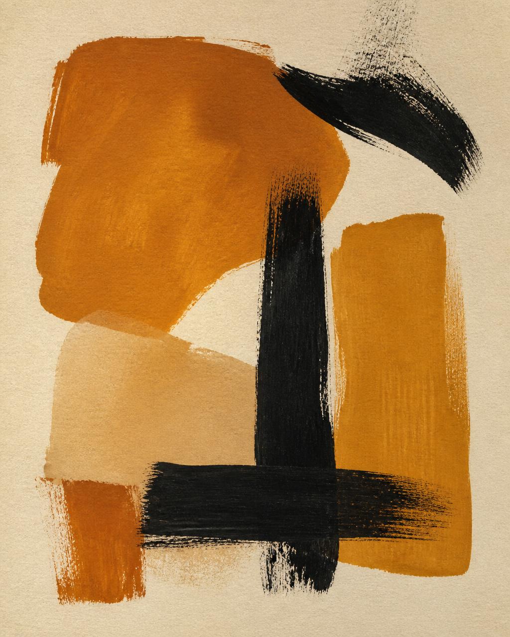 Abstract painting in amber and black with bold brushstrokes