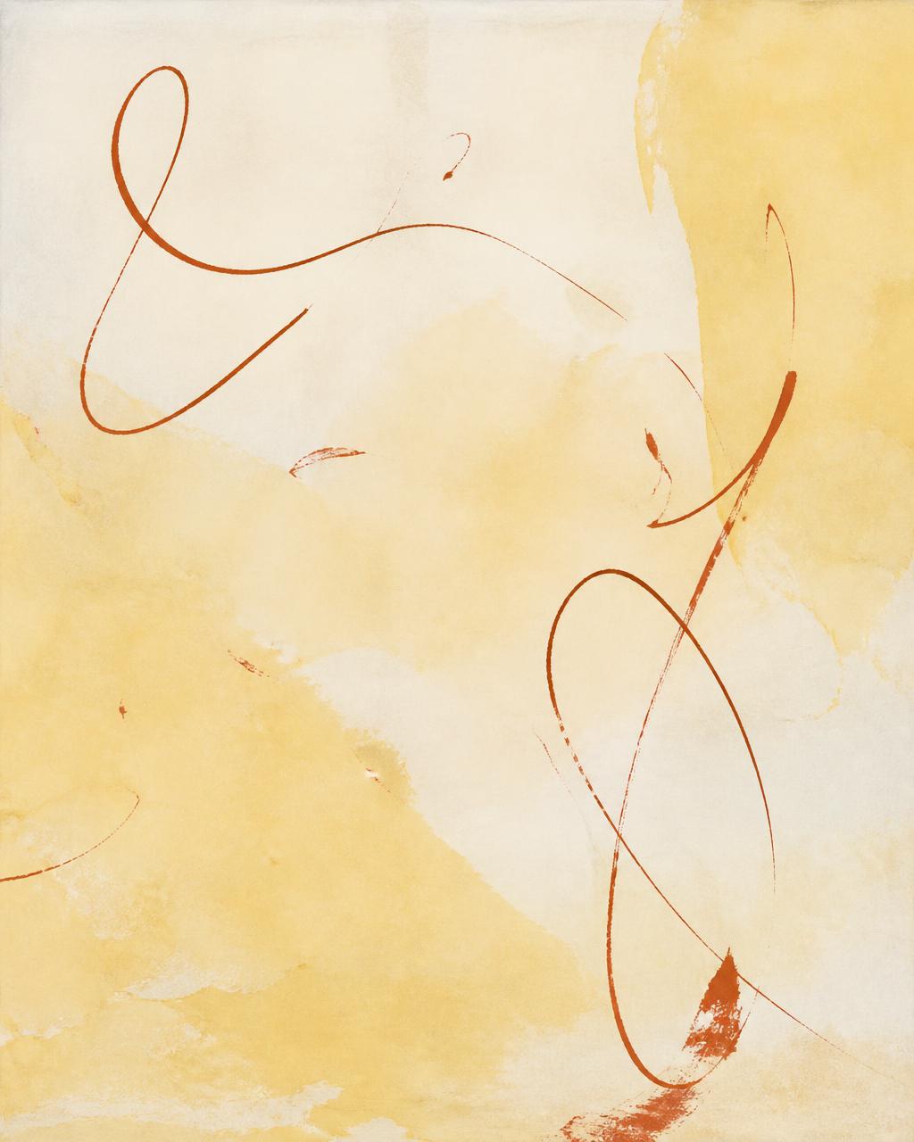 Delicate abstract calligraphic lines in rust over a butter yellow wash