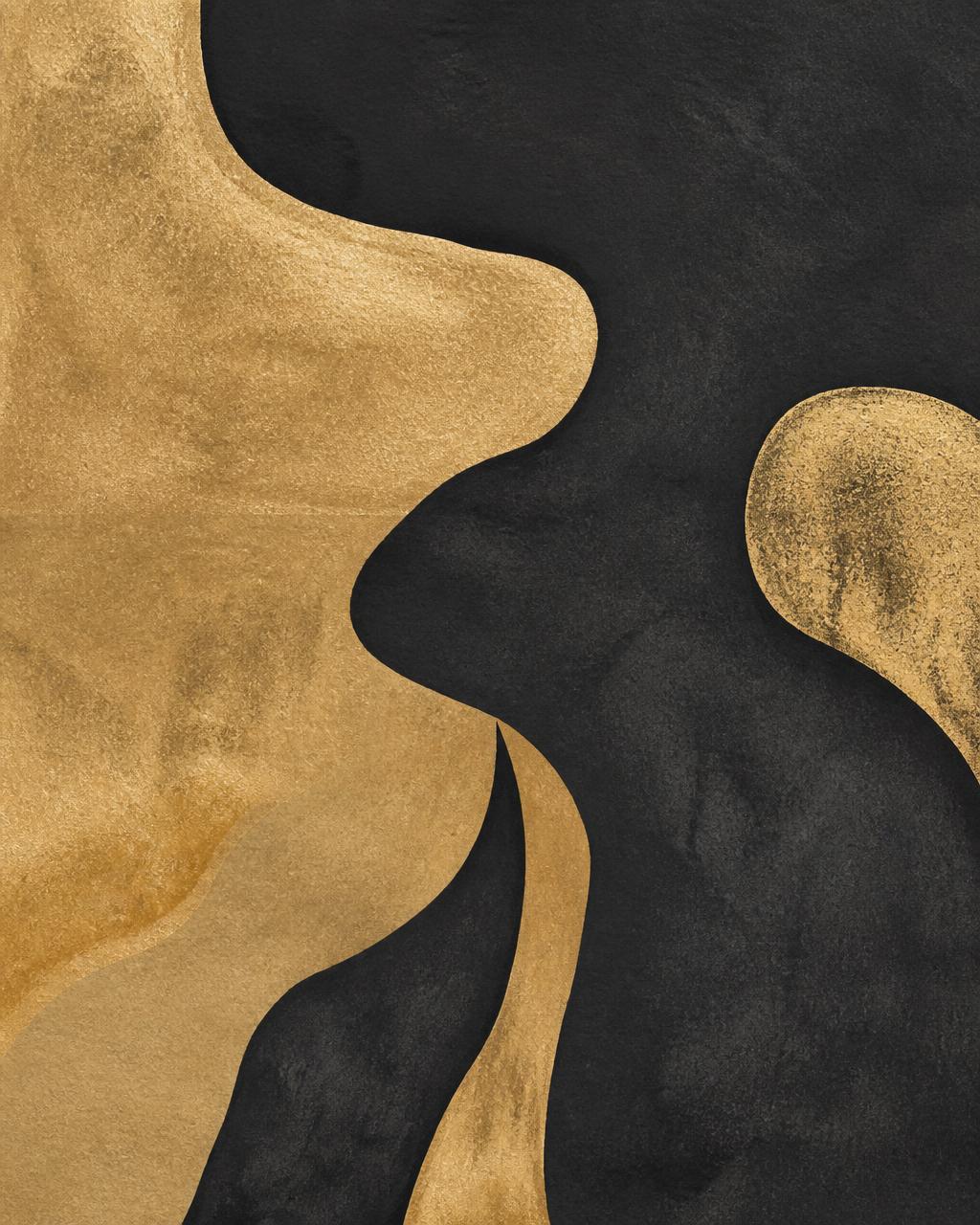 Abstract forms in gold and black flowing across the surface